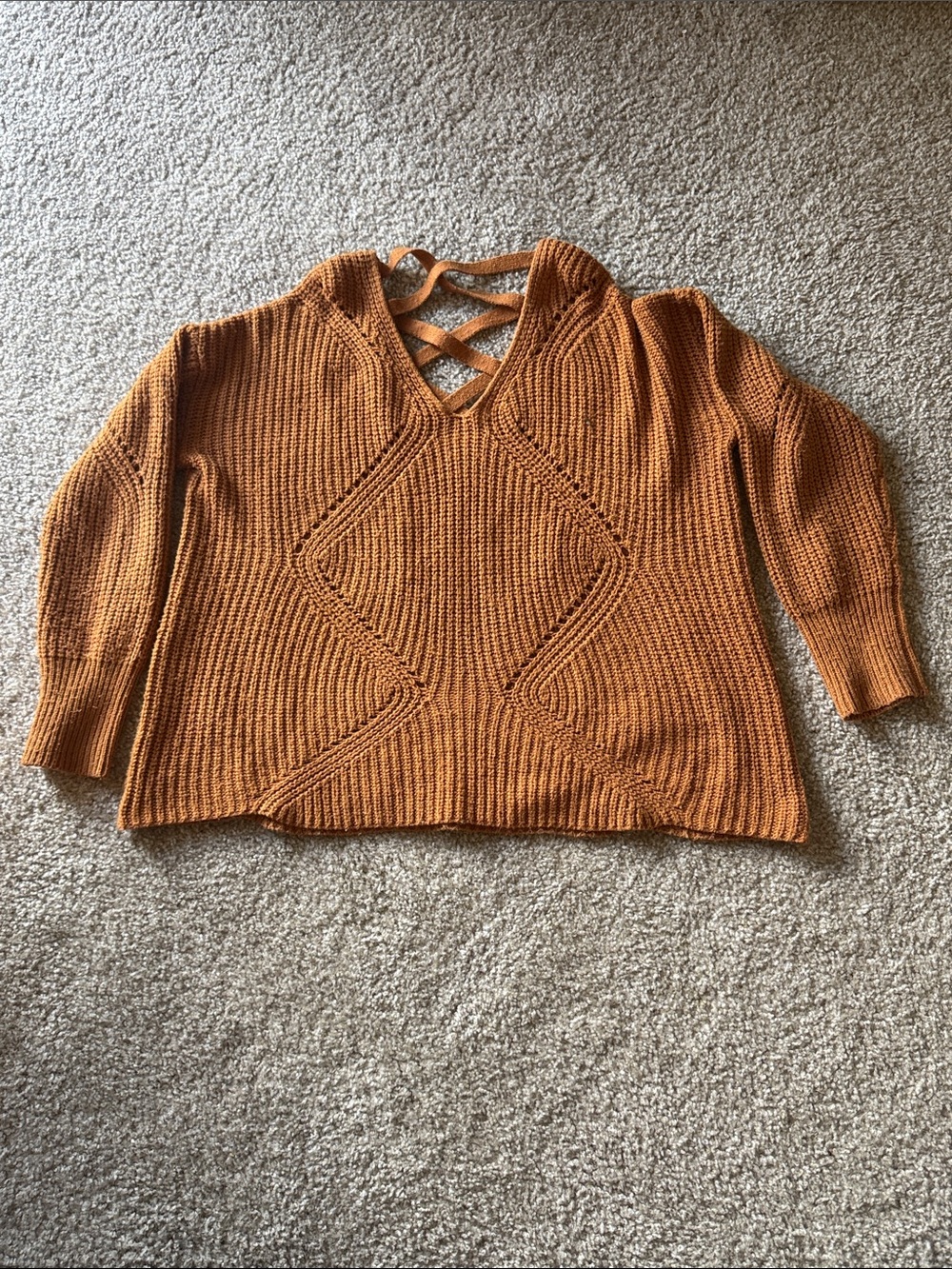 Iris Burnt Orange Women's Knit Sweater with Crisscross Back LARGE